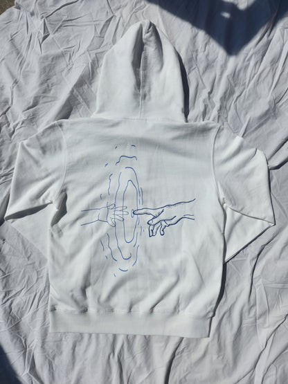 White 100% cotton hoodie featuring minimalist hand and ripple linework design symbolizing legacy from Infinite Co’s ECHOES collection, crafted from sustainable natural fibers for modern streetwear.